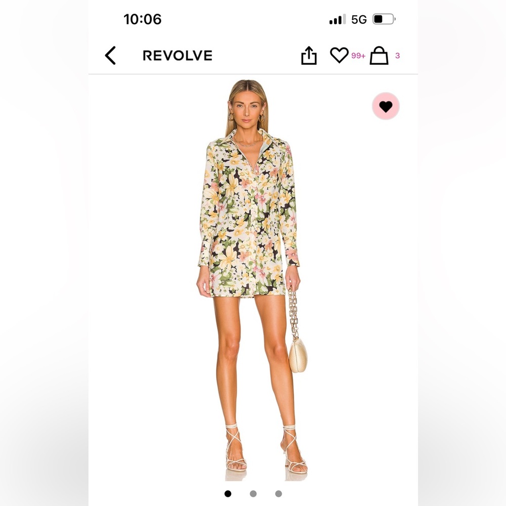 long sleeve button up shirt dress. White with floral pattern.